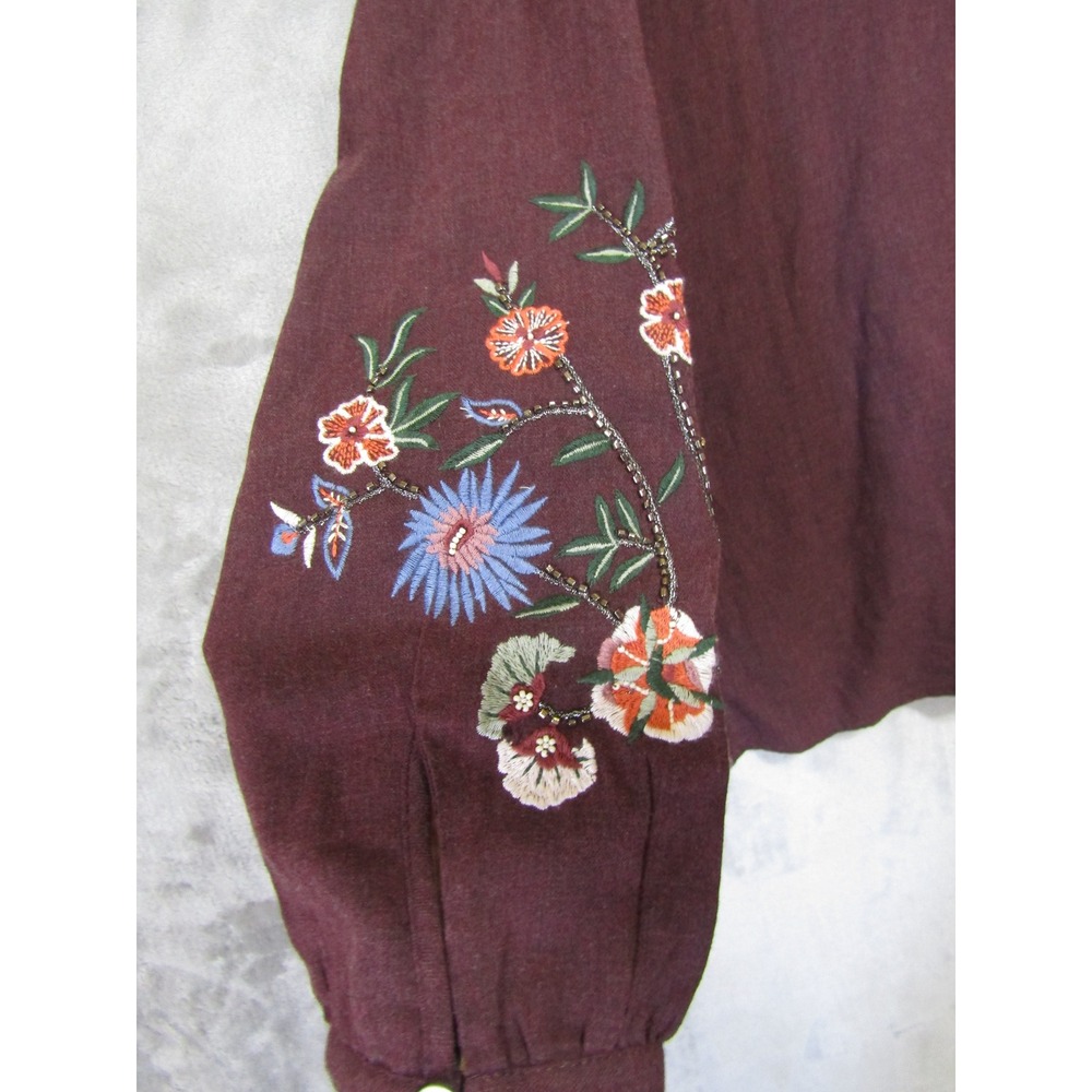 J. Jill Blouse Womens Large Burgundy Excellent Embroidered Beaded Linen Blend - Picture 4 of 13